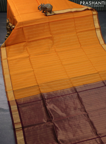 Kora silk cotton saree mango yellow and deep maroon with allover zari weaves and zari woven border