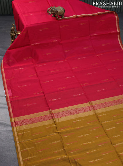 Kora silk cotton saree pink and dark mustard with thread & zari woven buttas and small zari woven border