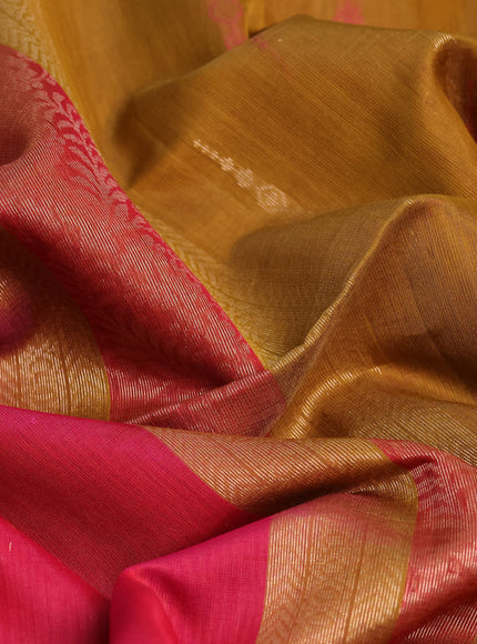 Kora silk cotton saree pink and dark mustard with thread & zari woven buttas and small zari woven border