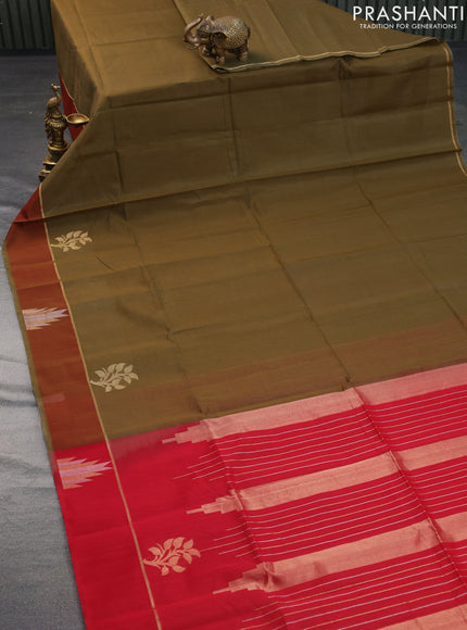 Kora silk cotton saree sap green and red with plain body and zari woven temple butta border