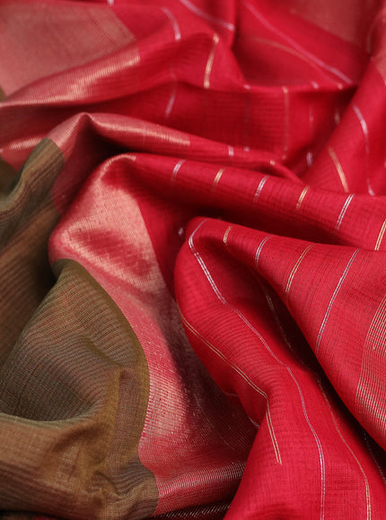 Kora silk cotton saree sap green and red with plain body and zari woven temple butta border