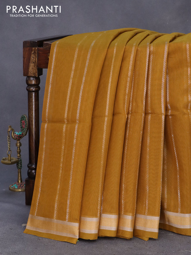 Kora silk cotton saree mustard shade with silver & gold zari weaves and zari woven border