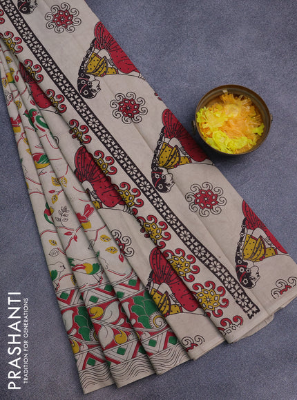 Kalamkari cotton saree beige and red green with allover prints and printed border