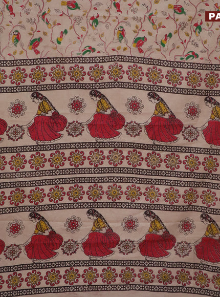 Kalamkari cotton saree beige and red green with allover prints and printed border