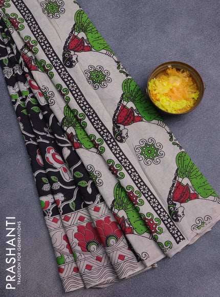 Kalamkari cotton saree black and red with allover prints and printed border