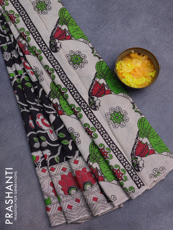 Kalamkari cotton saree black and red with allover prints and printed border