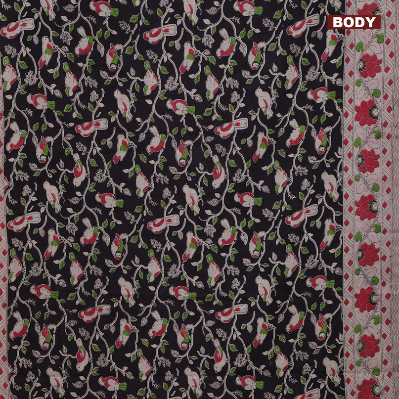 Kalamkari cotton saree black and red with allover prints and printed border