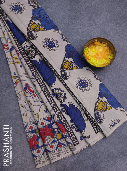 Kalamkari cotton saree beige and blue red with allover prints and printed border