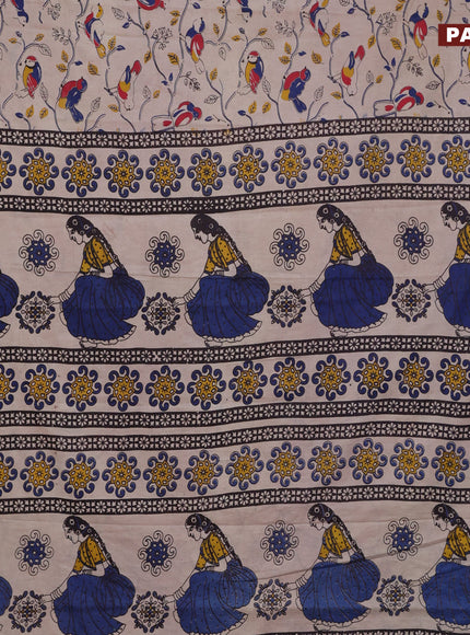 Kalamkari cotton saree beige and blue red with allover prints and printed border