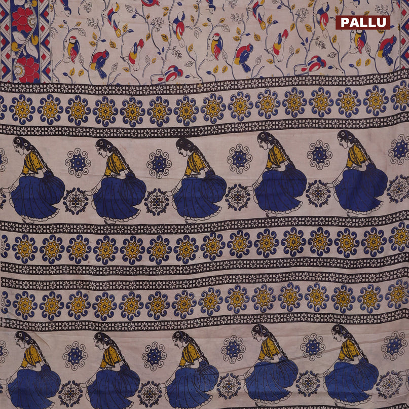 Kalamkari cotton saree beige and blue red with allover prints and printed border