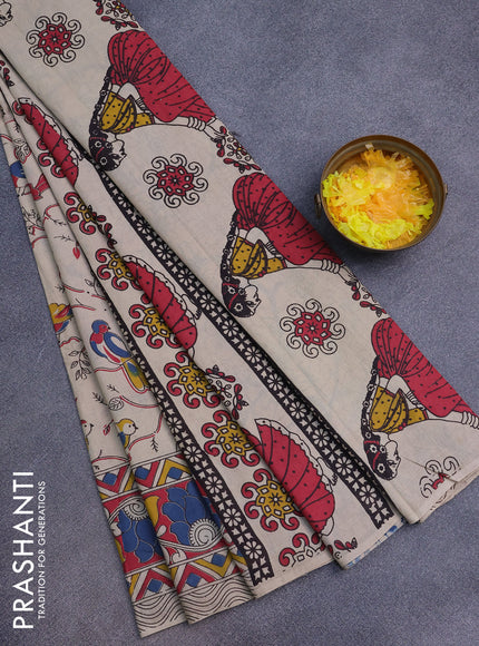 Kalamkari cotton saree beige and red blue with allover prints and printed border