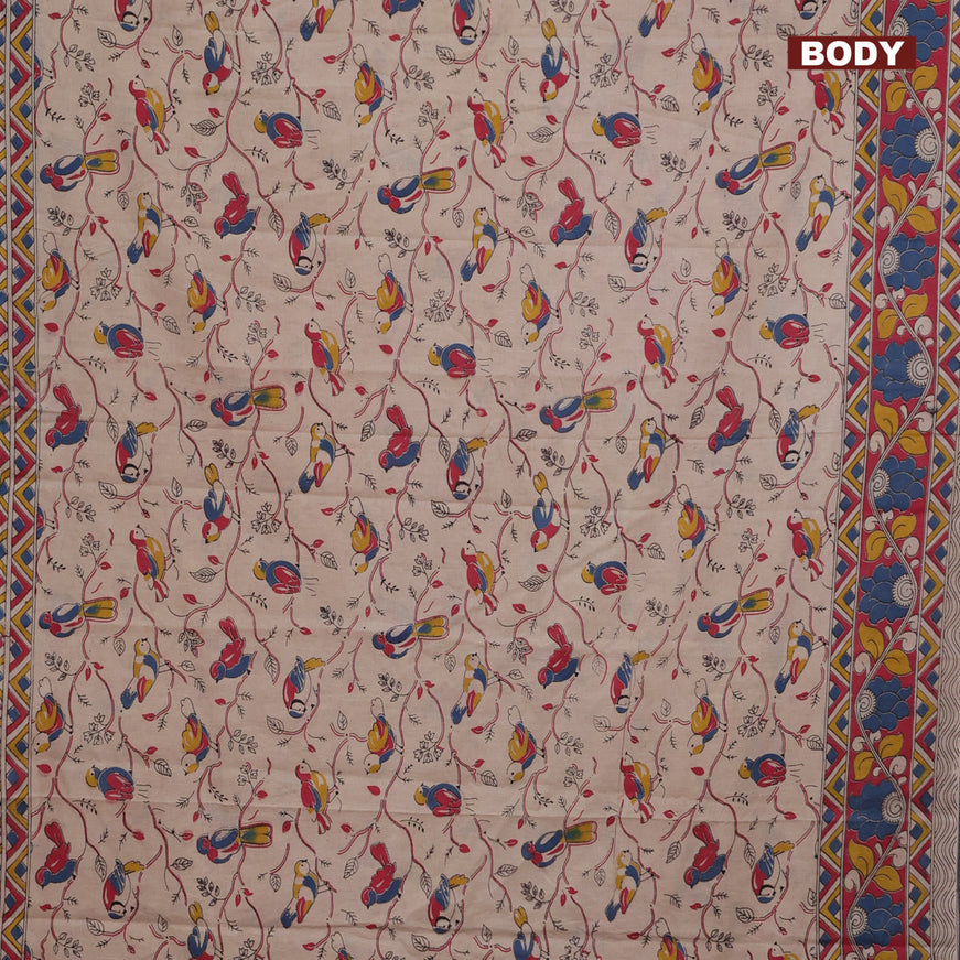 Kalamkari cotton saree beige and red blue with allover prints and printed border