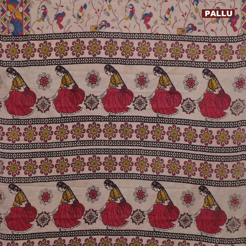 Kalamkari cotton saree beige and red blue with allover prints and printed border