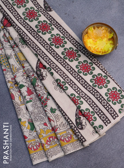 Kalamkari cotton saree beige and yellow red with allover prints and printed border