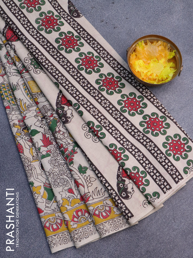 Kalamkari cotton saree beige and yellow red with allover prints and printed border