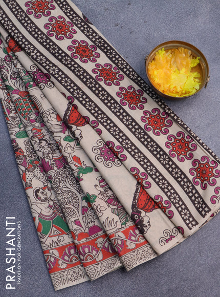 Kalamkari cotton saree beige and orange pink with allover prints and printed border