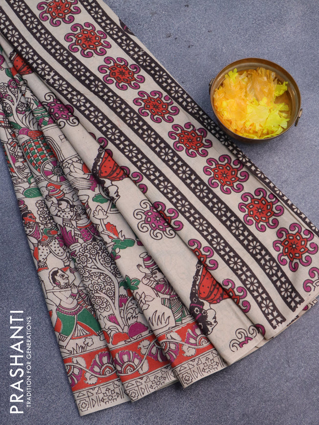 Kalamkari cotton saree beige and orange pink with allover prints and printed border