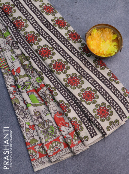 Kalamkari cotton saree beige and orange green with allover prints and printed border