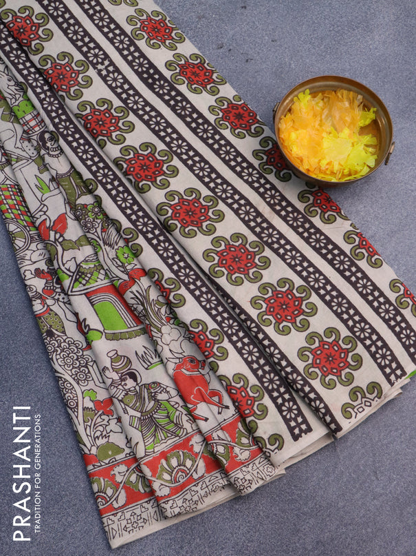 Kalamkari cotton saree beige and orange green with allover prints and printed border