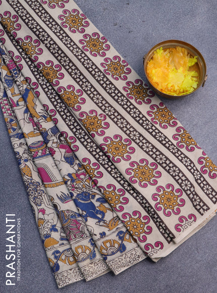 Kalamkari cotton saree beige and blue with allover prints and printed border