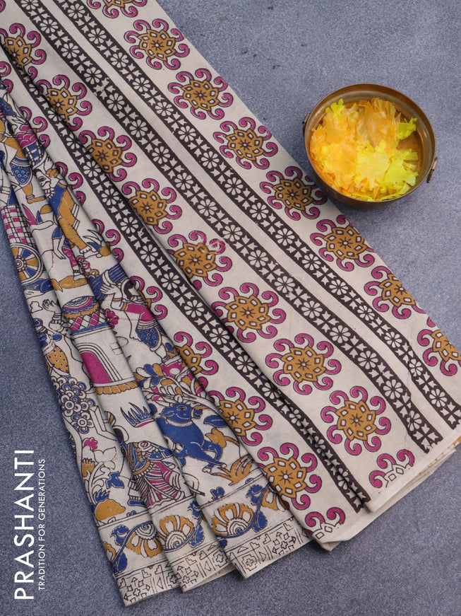 Kalamkari cotton saree beige and blue with allover prints and printed border