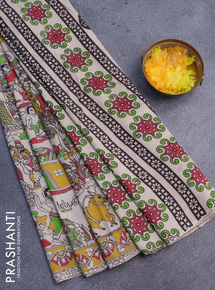 Kalamkari cotton saree beige and yellow with allover prints and printed border