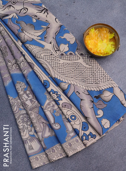 Kalamkari cotton saree grey and cs blue with allover prints and printed border