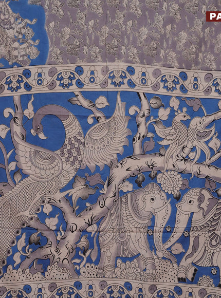 Kalamkari cotton saree grey and cs blue with allover prints and printed border