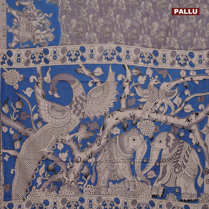 Kalamkari cotton saree grey and cs blue with allover prints and printed border