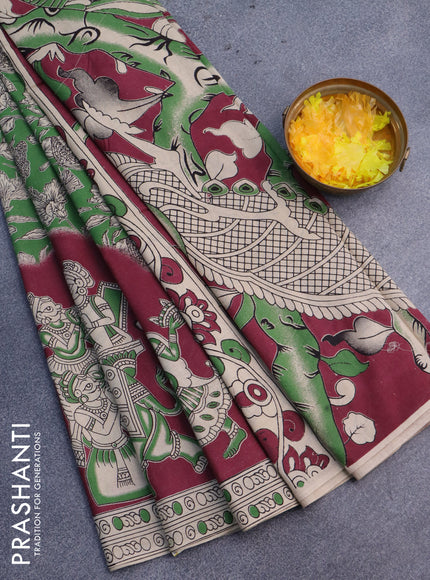 Kalamkari cotton saree green and maroon with allover prints and printed border