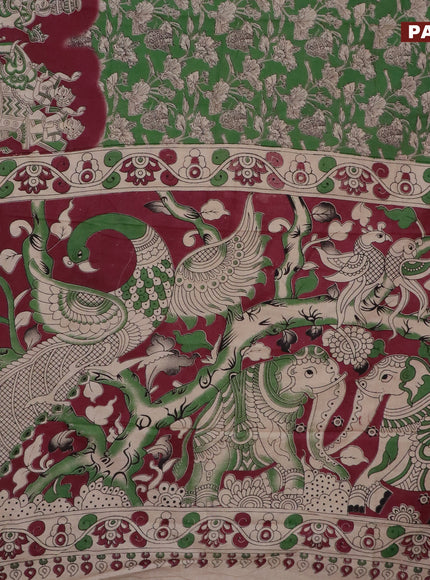 Kalamkari cotton saree green and maroon with allover prints and printed border