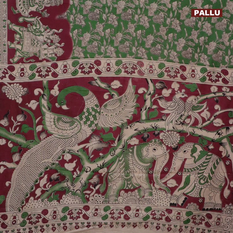 Kalamkari cotton saree green and maroon with allover prints and printed border