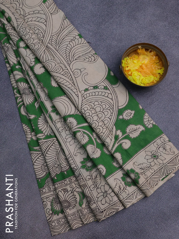 Kalamkari cotton saree green and beige with allover prints and printed border