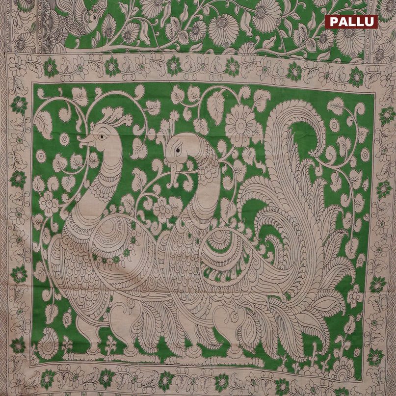 Kalamkari cotton saree green and beige with allover prints and printed border