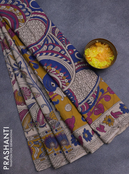 Kalamkari cotton saree beige and mustard yellow with allover prints and printed border