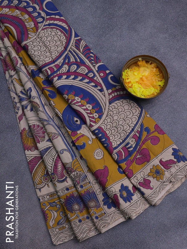 Kalamkari cotton saree beige and mustard yellow with allover prints and printed border