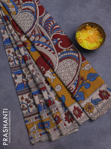 Kalamkari cotton saree beige and maroon blue with allover pichwai prints and printed border