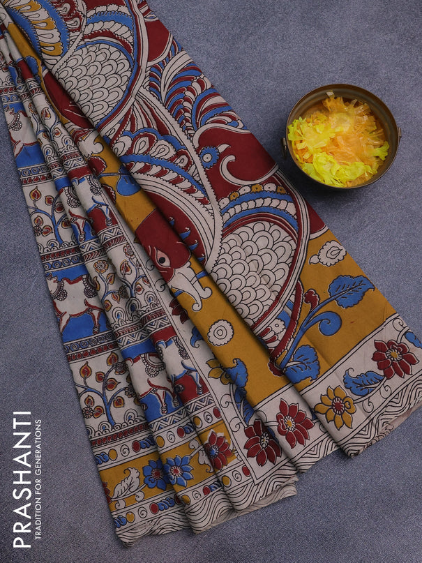 Kalamkari cotton saree beige and maroon blue with allover pichwai prints and printed border