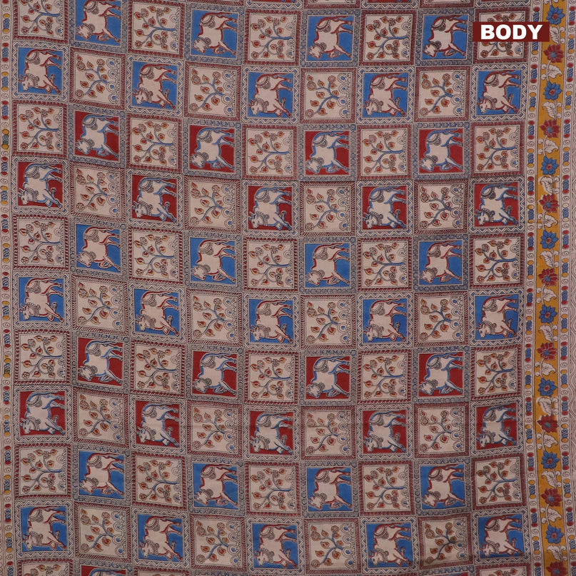 Kalamkari cotton saree beige and maroon blue with allover pichwai prints and printed border