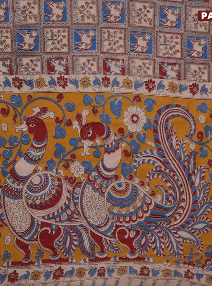 Kalamkari cotton saree beige and maroon blue with allover pichwai prints and printed border