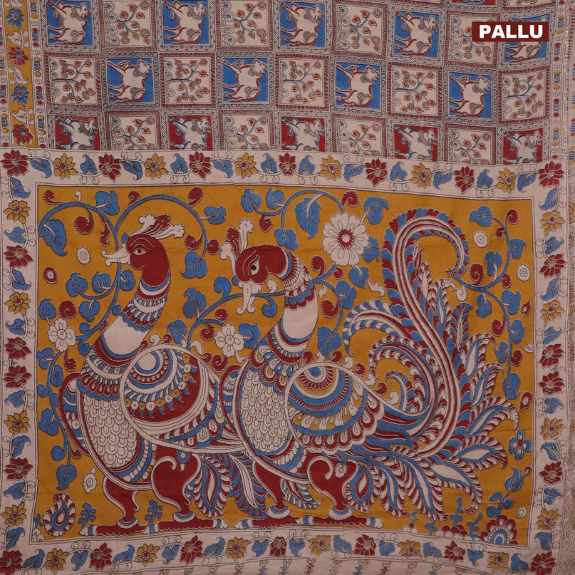 Kalamkari cotton saree beige and maroon blue with allover pichwai prints and printed border