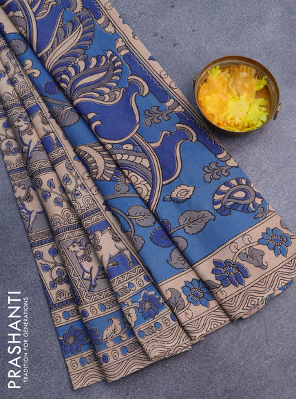 Kalamkari cotton saree blue and beige with allover pichwai prints and printed border