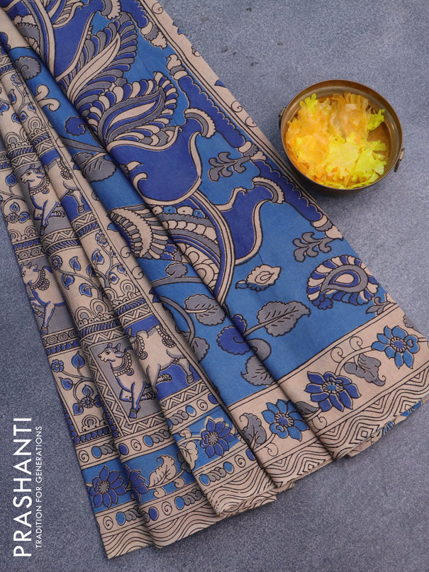 Kalamkari cotton saree blue and beige with allover pichwai prints and printed border