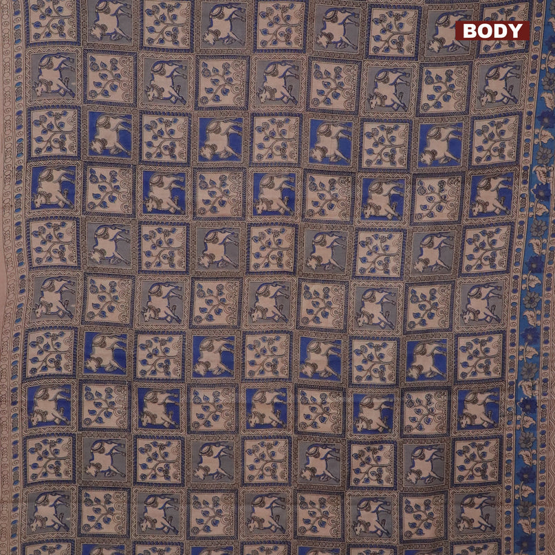 Kalamkari cotton saree blue and beige with allover pichwai prints and printed border