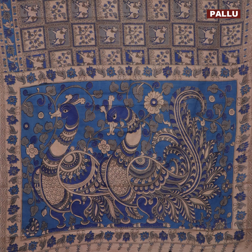 Kalamkari cotton saree blue and beige with allover pichwai prints and printed border