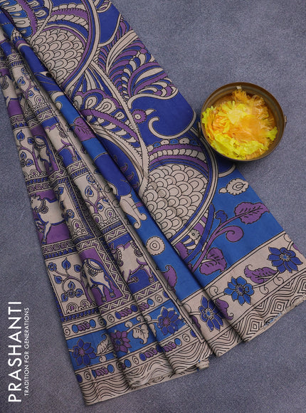 Kalamkari cotton saree beige and lavender blue with allover pichwai prints and printed border