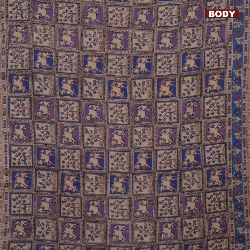 Kalamkari cotton saree beige and lavender blue with allover pichwai prints and printed border