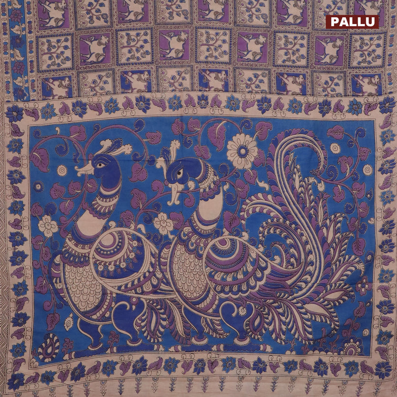 Kalamkari cotton saree beige and lavender blue with allover pichwai prints and printed border