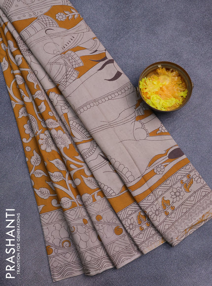 Kalamkari cotton saree mango yellow and beige with allover prints and printed border