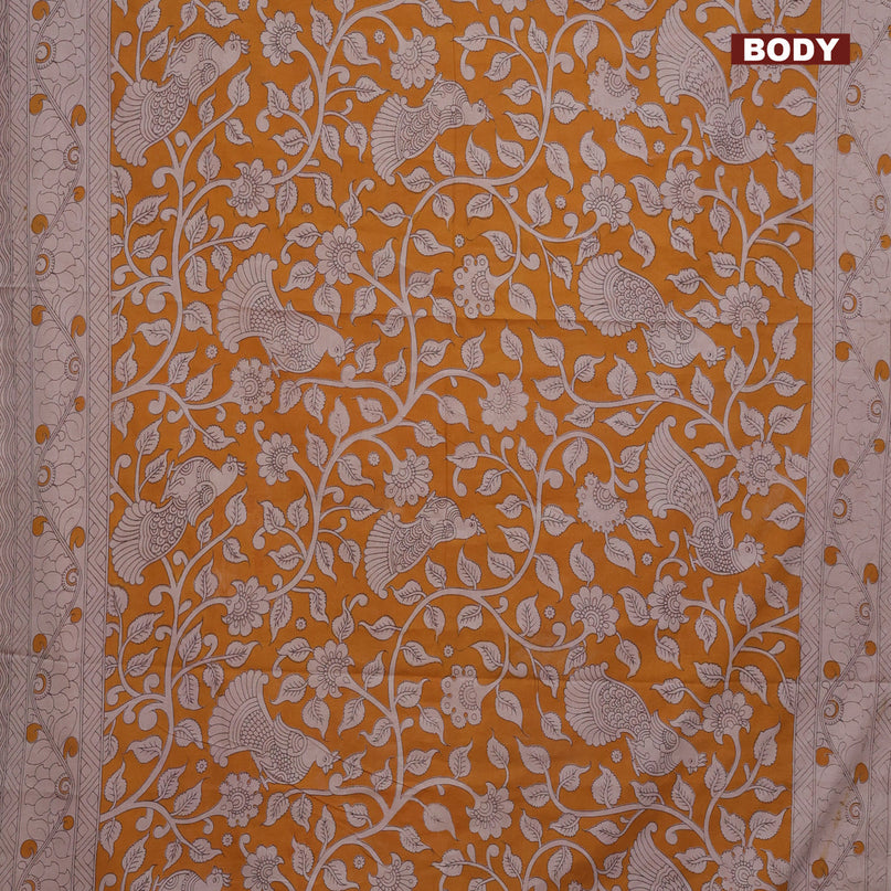 Kalamkari cotton saree mango yellow and beige with allover prints and printed border